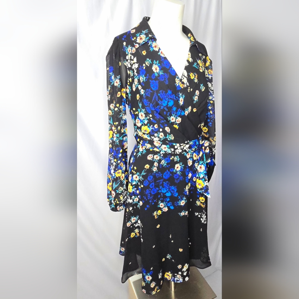 Dkny Black Floral Wrap Dress with Blue & Yellow Accents - Picture 9 of 14